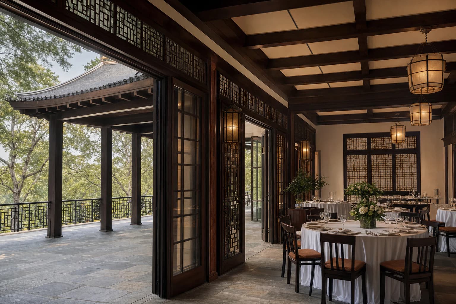 A Chinese-influenced private club dining room with dark timber and latticework.