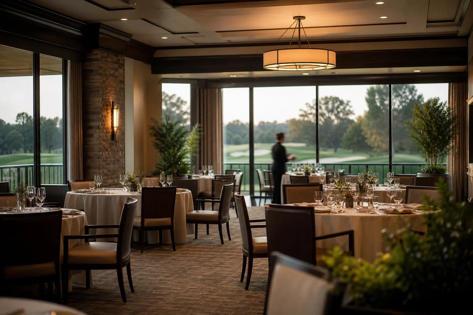 An elegant private club dining room prepared for member service.