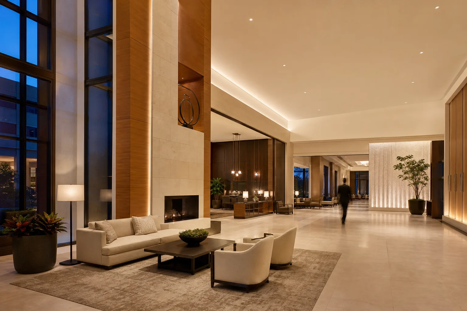 A modern upscale hotel lobby atrium in early evening light.